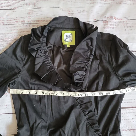 Elizabeth Mckay Scotland Wrap Dress Black Belted Ruffle Neckline Knee Length 6 - Picture 6 of 7